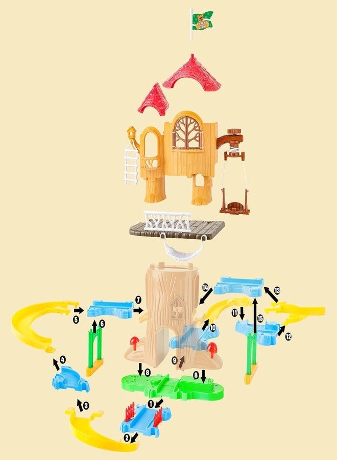 Avarin Tree House Playset, Train Set Car Track Toys for Toddlers, DIY Forest Friends Pretend Playhouse with 2 Dolls Toy Figures, Train, Car Tracks, Swing, Sound & Light Function Toy House for Girl - Image 3